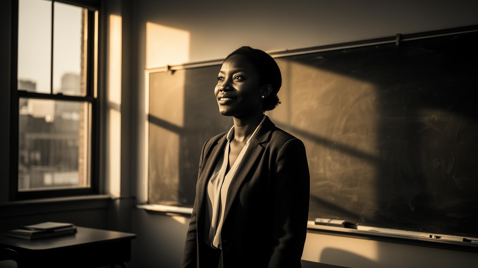 An American teacher illuminated by golden light in her classroom.
