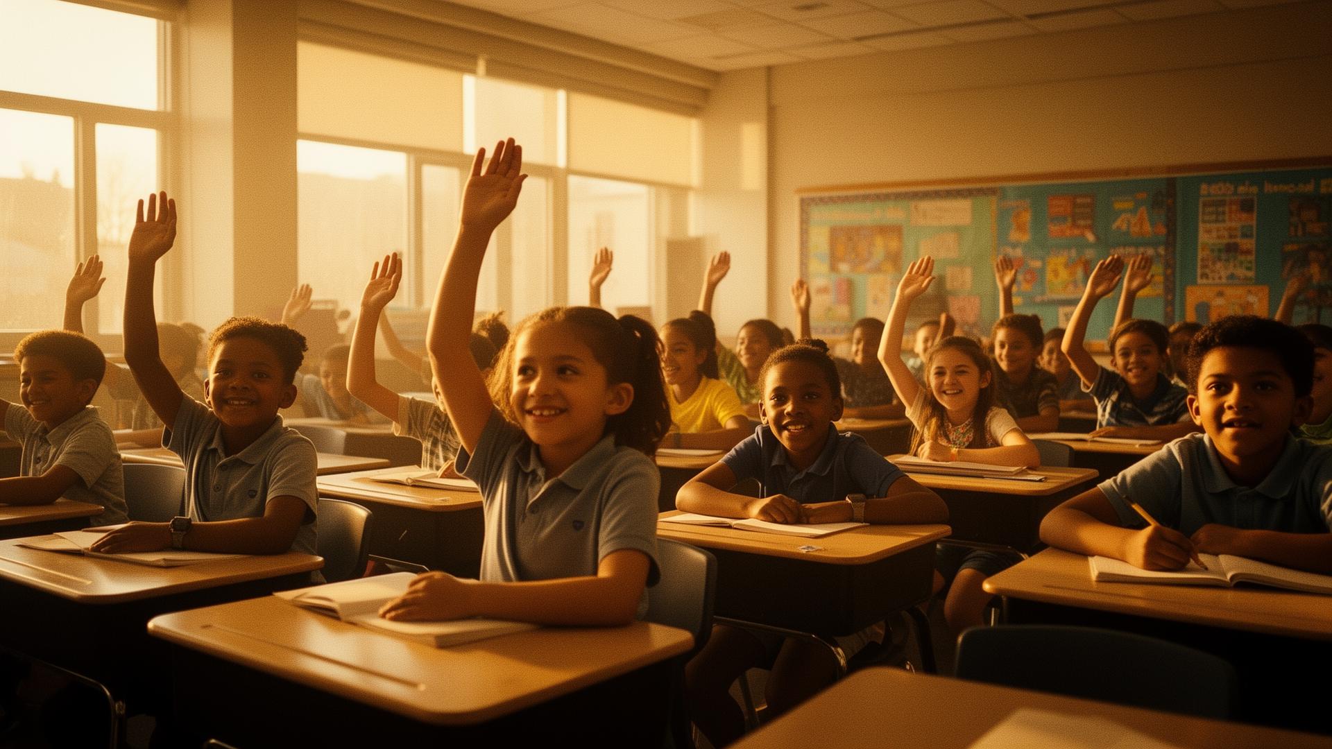Diverse American students raising their hands in a sunlit classroom.