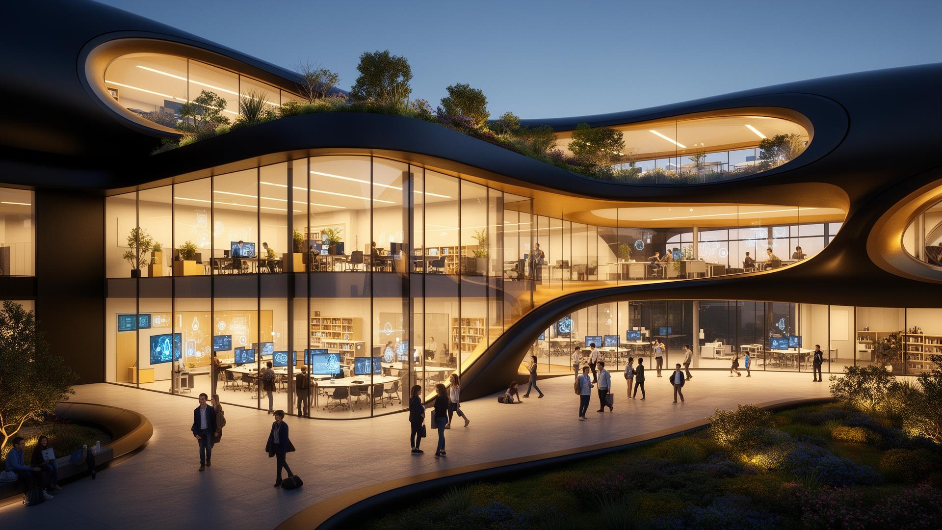 Architectural rendering of a futuristic Xschool campus at dusk.
